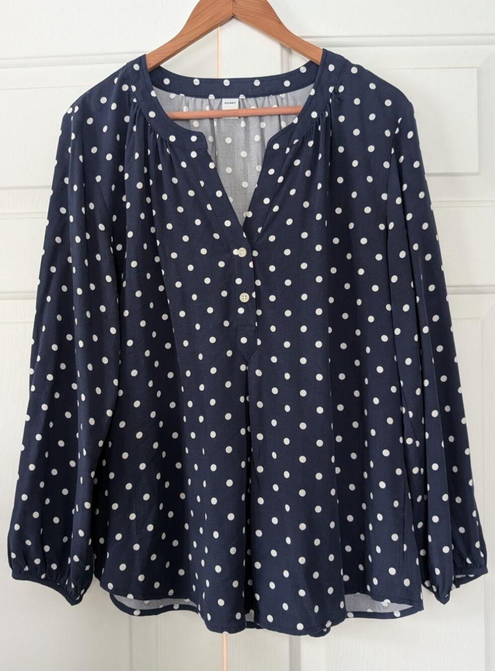 Old Navy Blue White Polka Dot Henley Blouse